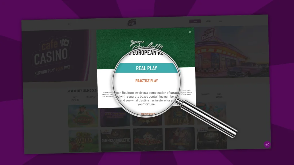 A magnifying glass zooms in on the European Roulette game “Real Play” on the Cafe Casino website. 