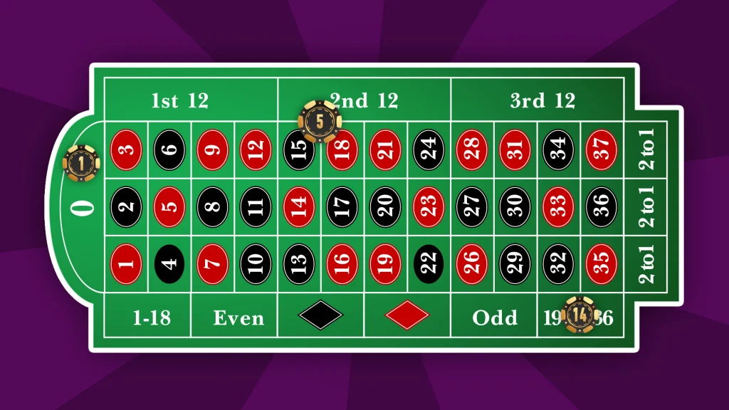 On a dark purple background, a roulette betting table is displayed in action with betting chips laid throughout. 