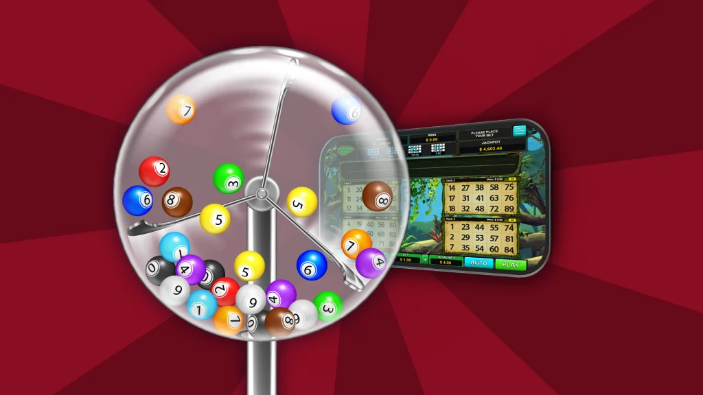 On a dark red background, there’s a clear round container with colored and numbered bingo balls getting mixed up inside. Behind it is a mobile screen of an online bingo game in action.