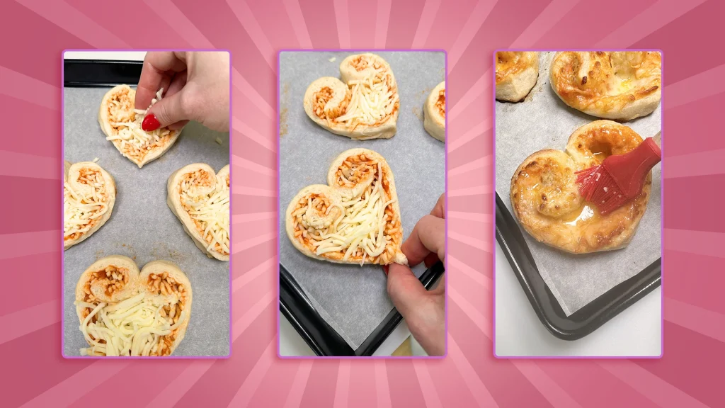 3 images on a pink background show: cheese sprinkled on the heart shaped slices, pinching the bottom of the heart shape, and the cooked slices being lathered in garlic butter