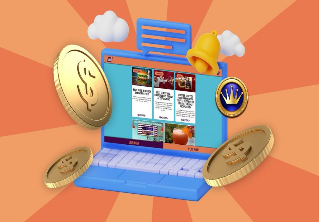 On a peach background, there’s a blue laptop showing the website cafecasino.com. Gold coins and a yellow bell are poised around it.