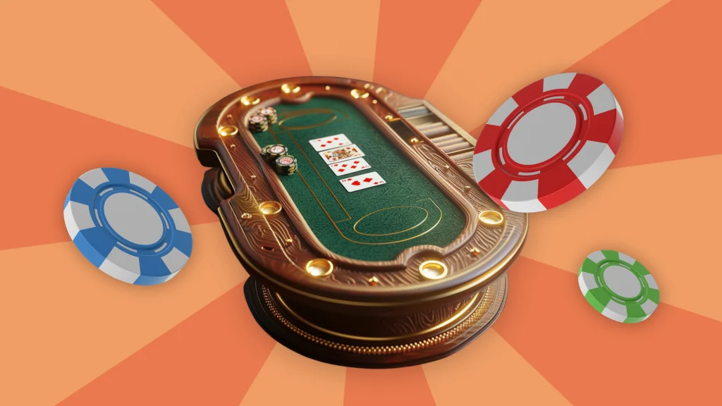 In a peach image, a felt table from a casino is in the center with blue, red, and green betting chips floating around it.