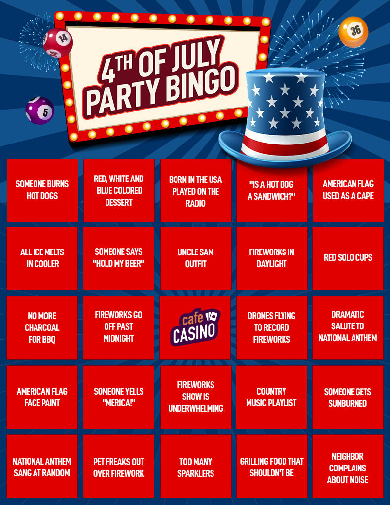 A 5x5 bingo card with fireworks, a star spangled top hat and the title 4th of july party bingo