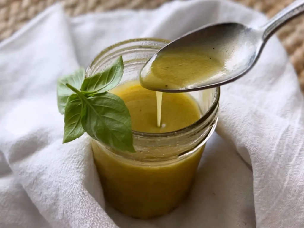 A mason jar featuring a yellow honey lemon vinaigrette sits on a white table cloth on top of a beige placemat; above, a metal spoon drips the vinaigrette back into the jar below.