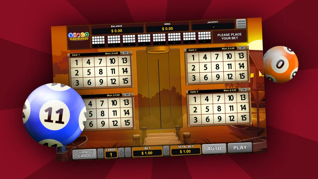 Two bingo balls flank an online bingo game screen, and everything is displayed on a dark red background.