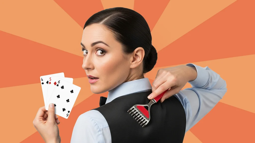 A female dealer scratches her back with a back scratcher while holding an ace, 5, and 6 in her left hand. She is shown on a peach background.