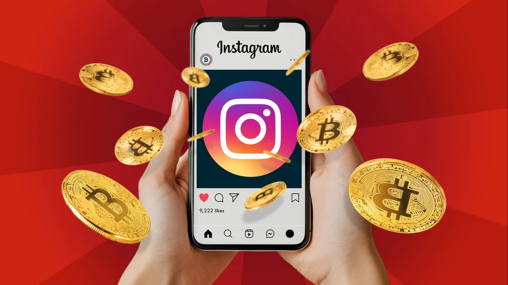 Someone holds a phone with the Instagram screen, and gold Bitcoins float around the phone on a bright red background. 