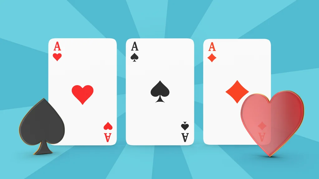 Three Aces in a row are shown on a light blue background, with a black spade on the left and a red heart on the right. 