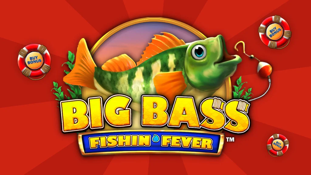 The game’s logo from Big Bass Fishin’ Fever is shown on a red background, with a green fish about to eat a hook. 