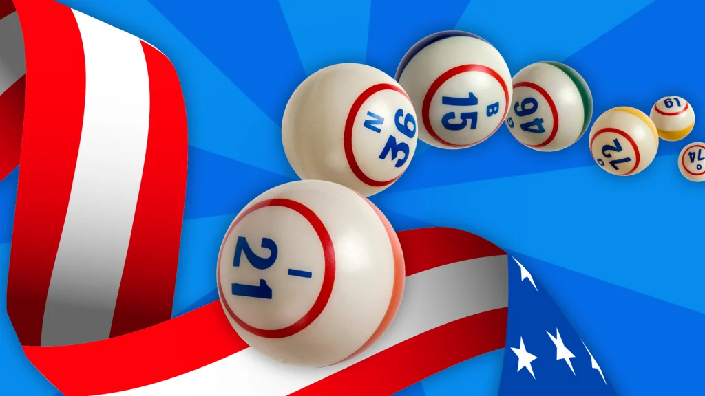 American flag ribbon with bingo balls feature on a blue background