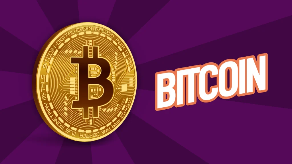 “Bitcoin” is shown to the right of a gold Bitcoin, and they’re both shown on a purple background.