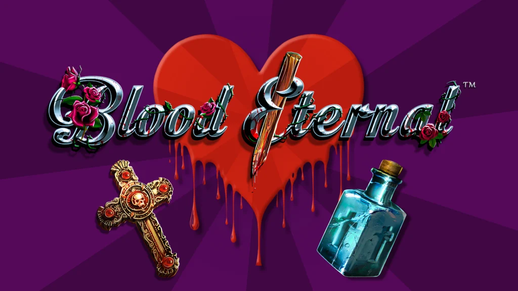 In the center of a dark purple image is a bleeding red heart, a gothic cross, a potion bottle, and text that says ‘Blood Eternal’ with a stake through the E. 