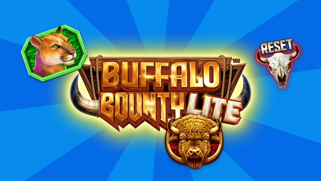 Gold text reads, “Buffalo Bounty Lite” among symbols of wild animals on a blue background. 