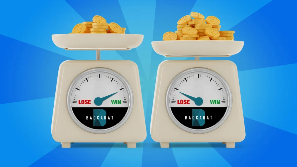 Two white scales show piles of gold coins weighing on them, their needles moving toward either win or lose. 