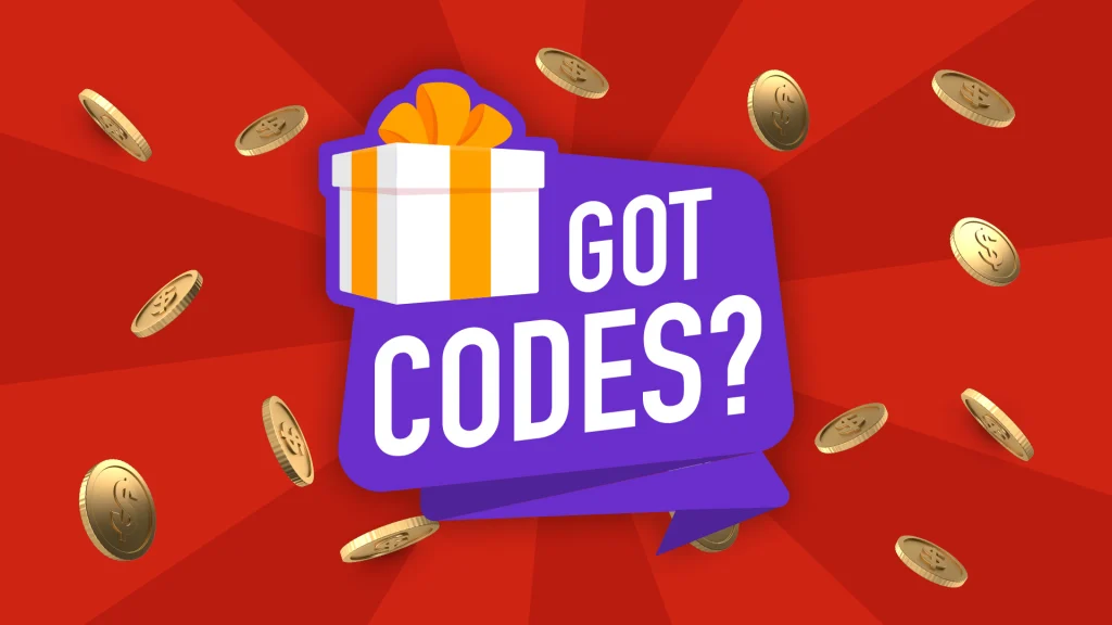 A gift with a yellow bow is within a purple sign that says, “Bonus Codes?” Gold coins float around a red background. 