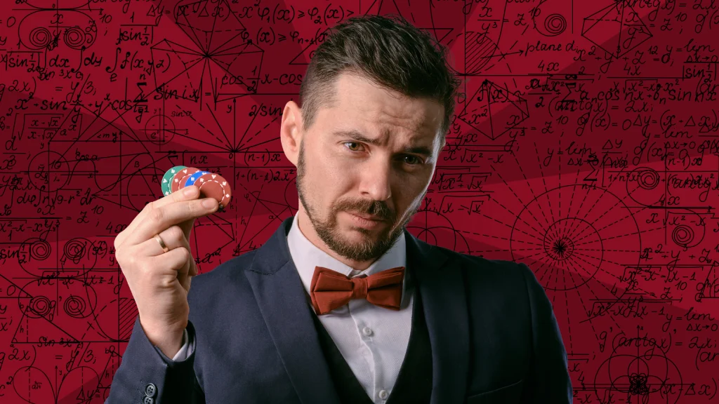 A dealer holds four betting chips in his right hand, and behind him, a red background has complicated mathematical formulas etched in black. 