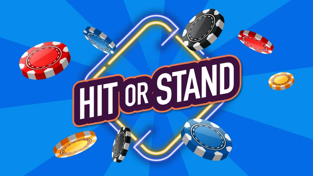 One deck of cards is on the left of a blue image, and two decks of cards are on the right. Between them are five stacks of betting chips. 