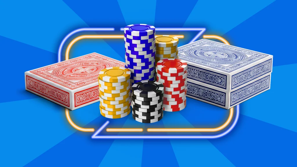 “Hit or stand” is shown in the center of a blue image, with betting chips floating around it. 