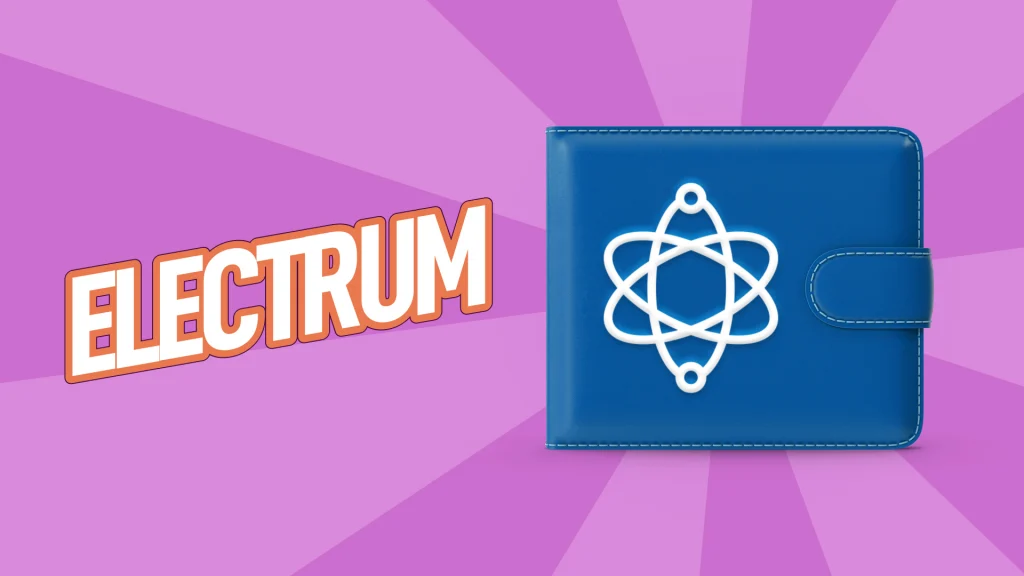 On a purple background, there is a white and orange “Electrum” shown in block letters. To its right is a dark blue wallet with an atom symbol. 