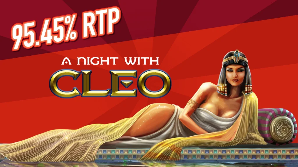 On a bright red background, Cleo, in loose silky robes, lies on her side on a chaise lounge with the game name “A Night With Cleo” and “95.45% RTP” above her. 
