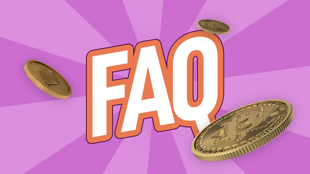 “FAQ” is displayed in white and orange block letters in the center of a purple image, and three gold Bitcoins float around it. 
