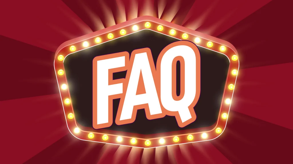 “FAQ” is shown within marquee lights on a dark red background.