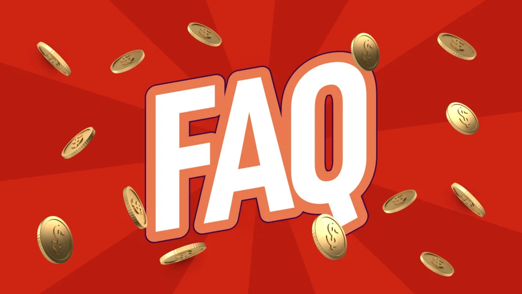 “FAQ” is shown in white block letters amidst a flurry of gold coins and on a red background. 