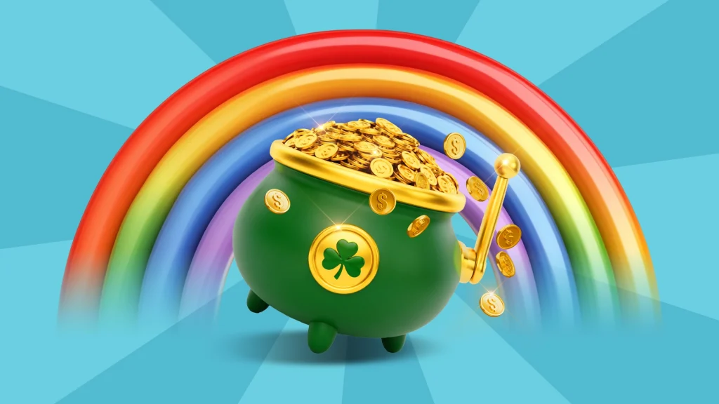 On a light blue background, a rainbow arches over a green pot of gold that’s overflowing with coins