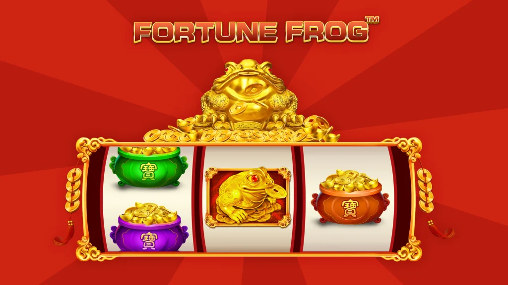 An adorned three-reel slot is in action with a gold frog perched on top, and it’s displayed in a bright red image. 