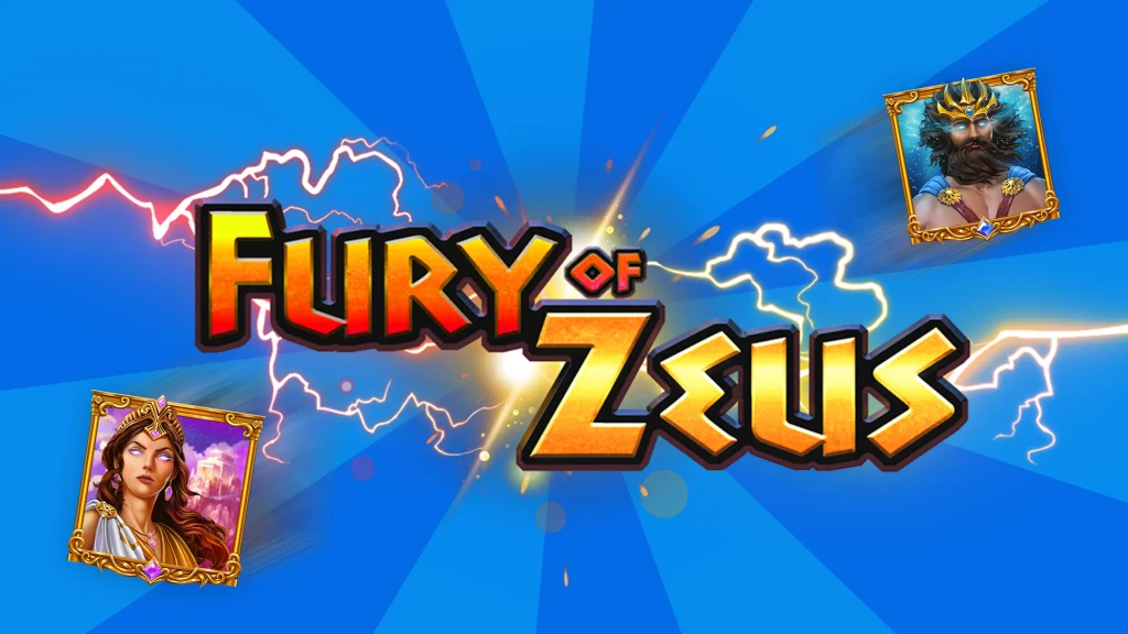 Two Greek gods are displayed in symbols on a blue background and around text that says, “The Fury of Zeus,” with lightning bolts shooting out and around it.