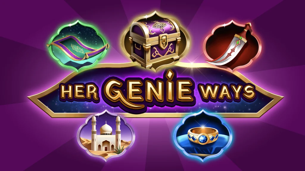 Gold letters in the center of a gold border read “Her Genie Ways.” They’re surrounded by magical symbols of genies and Arabia on a dark purple background. 