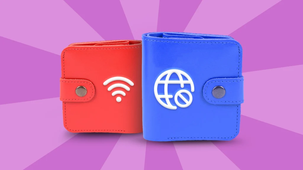 A red and a blue wallet showing a wifi signal and an “offline” signal stand side-by-side on a purple background. 