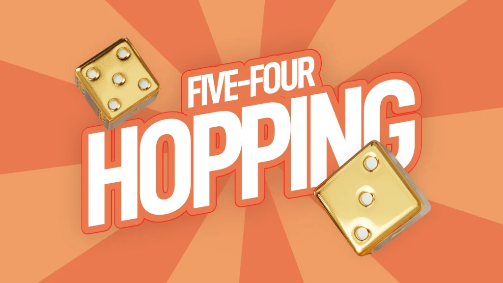 On a peach background, two gold dice appear on the top and bottom of white text that reads, “Five-four hopping.”