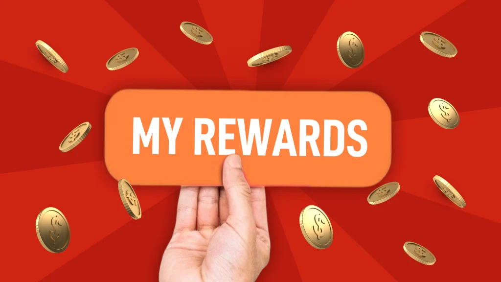A red image has an orange sign that says, “My Rewards,” with gold coins floating around it.