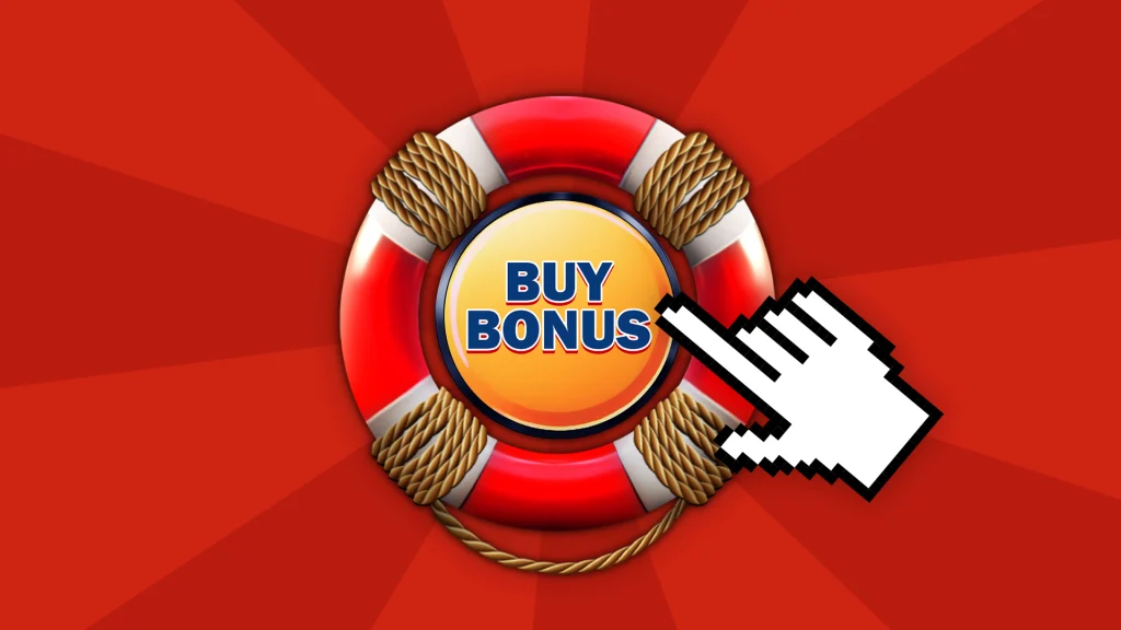 “Buy Bonus” is sitting within a red floaty with a white finger pointing to it, and they’re both on a red background. 
