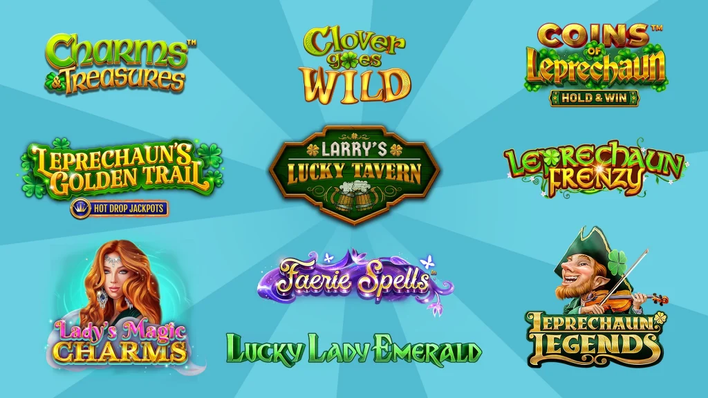 The names of 10 Irish slots are displayed on a light blue background. 