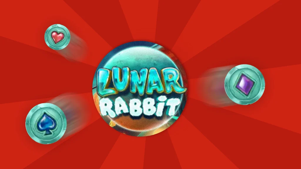 On a bright red background, a glowing jade orb in the center says, “Lunar Rabbit,” and three additional jade orbs show card symbols on the left and right. 
