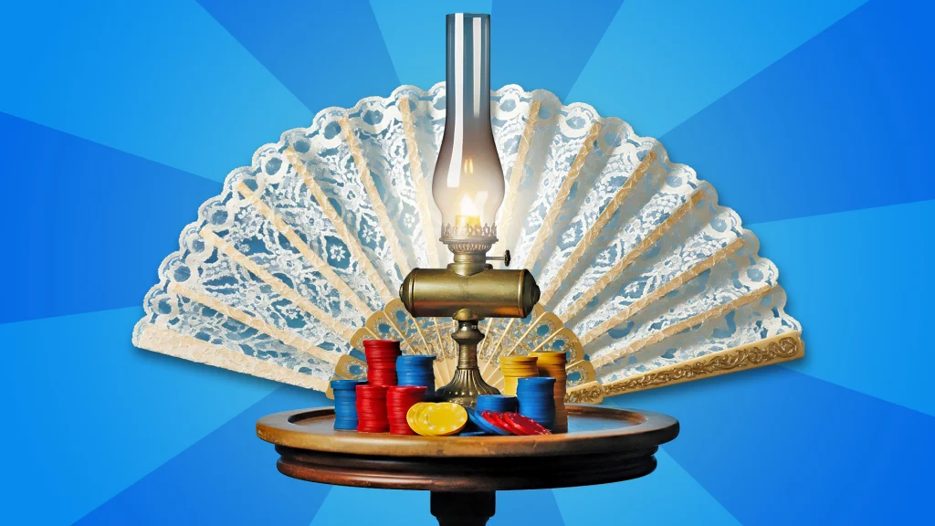 A vintage white fan opens behind a lamp on an end table, with stacks of red, blue, and yellow poker chips. 