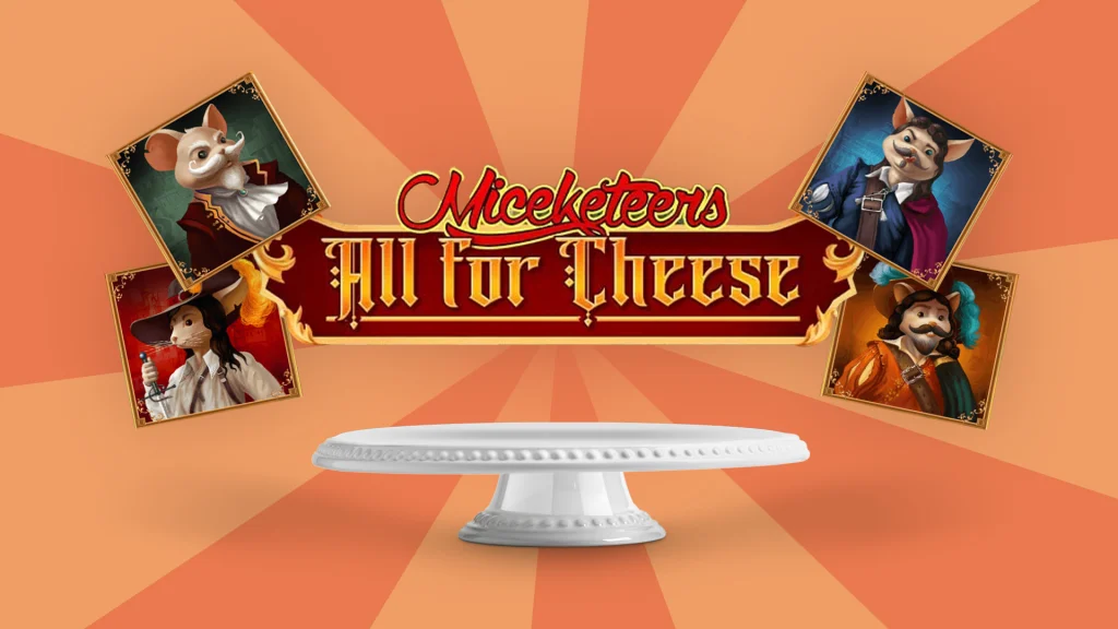 With a peach-orange background, we see four mouse symbols hovering above an open cake tray and text that says ‘Miceketeers: All for Cheese.’