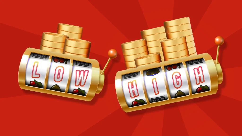 Two slot reels with levers show one on the left with three reels that say “low” and represents low RTP with a small stack of coins, and another with four reels that say “high,” representing high RTP with a larger stack of coins. 