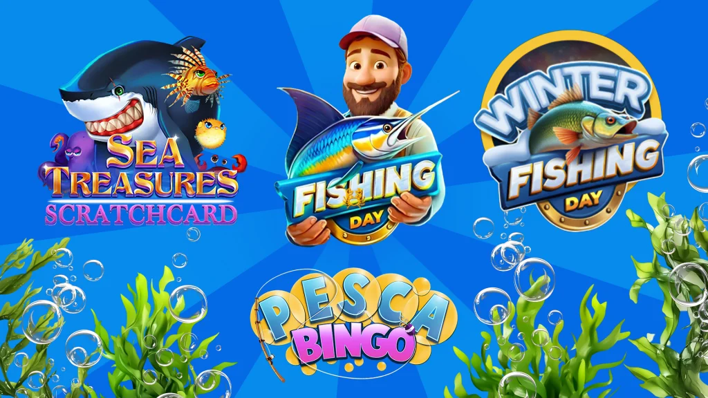 Seaweed and bubbles are depicted on a blue background reminiscent of water, with the games Sea Treasures Scratchard, Fishing Day, Winter Fishing Day, and Pesca Bingo displayed. 