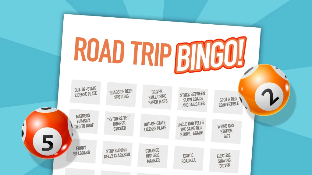 A road trip bingo card on a blue background