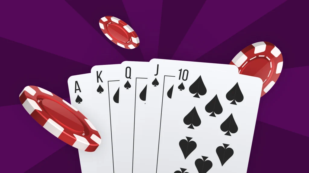 Five face-up cards reveal a royal flush on a dark purple background, and three red betting chips float around it. 