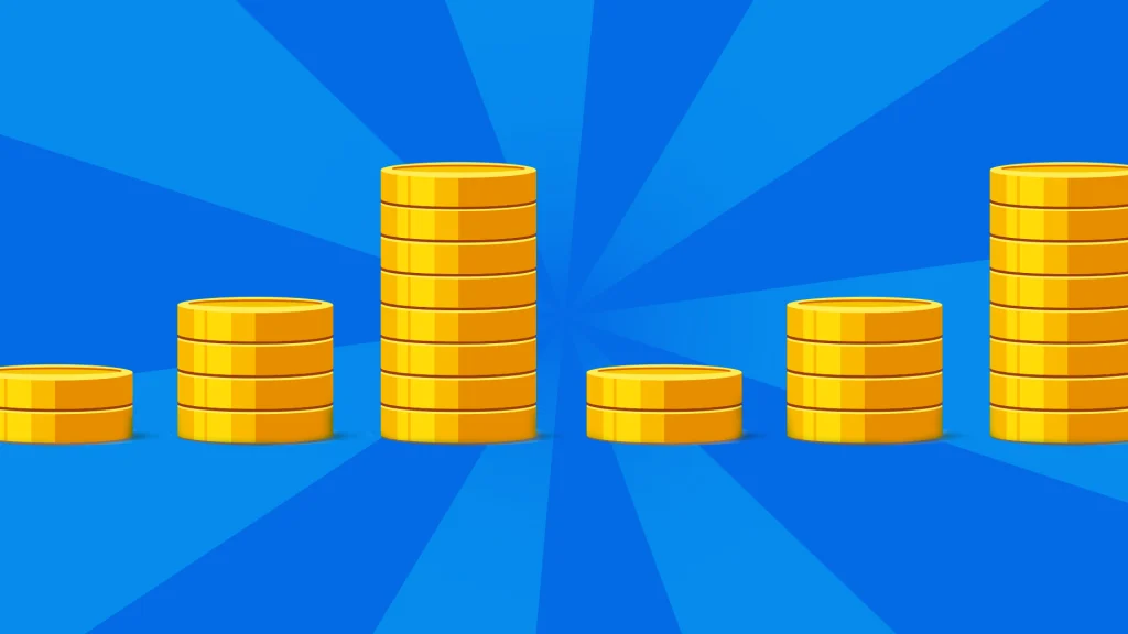 On a blue image, six stacks of gold coins in a blue image show the progression of the Paroli betting system. 
