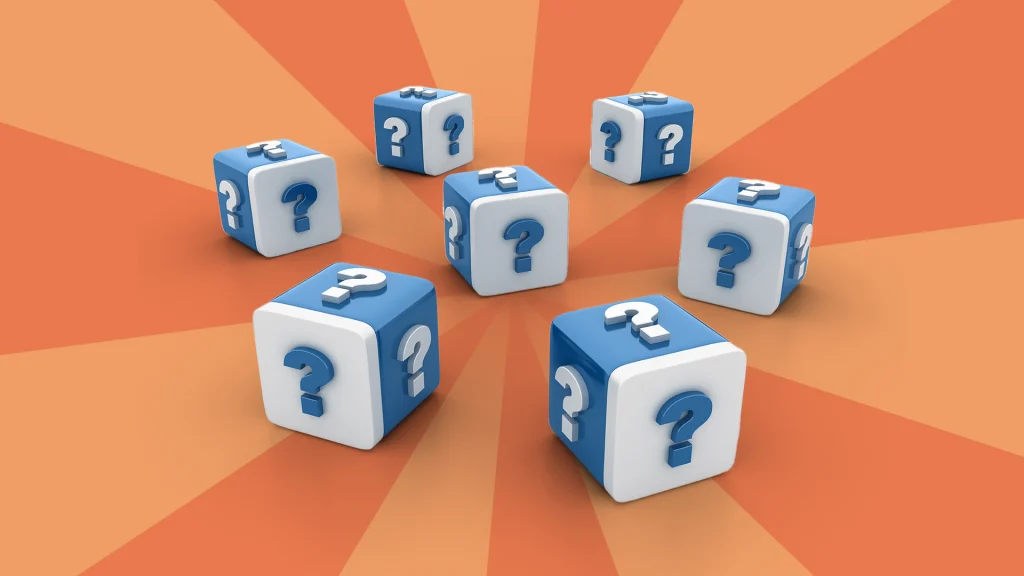 Seven blue and white dice with question marks on them are situated in a cluster in the center of a peach image. 