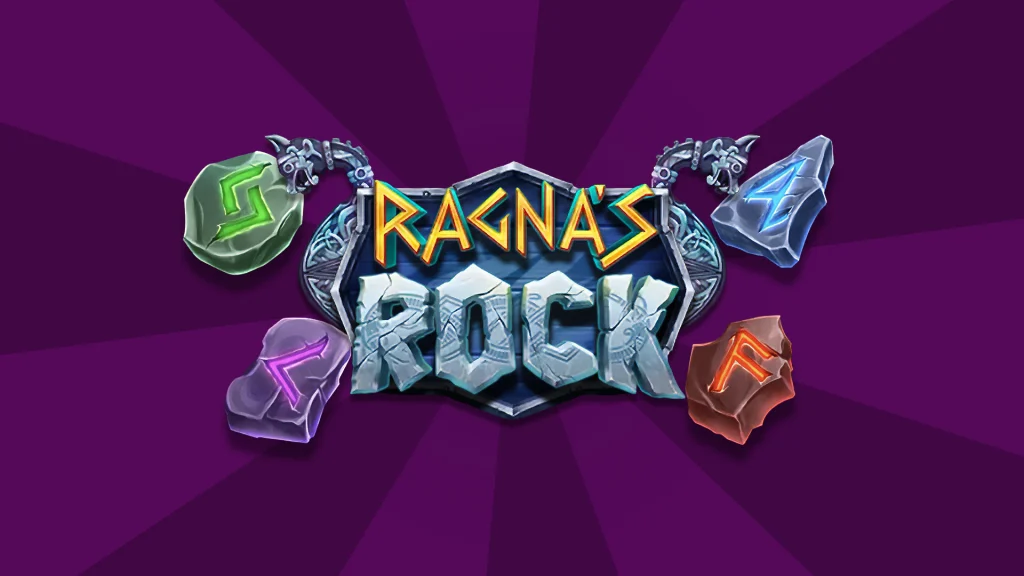 On a purple background, the game name “Ragna’s Rock” is shown in rock letters, surrounded by rocks with glowing symbols inscribed on them. 