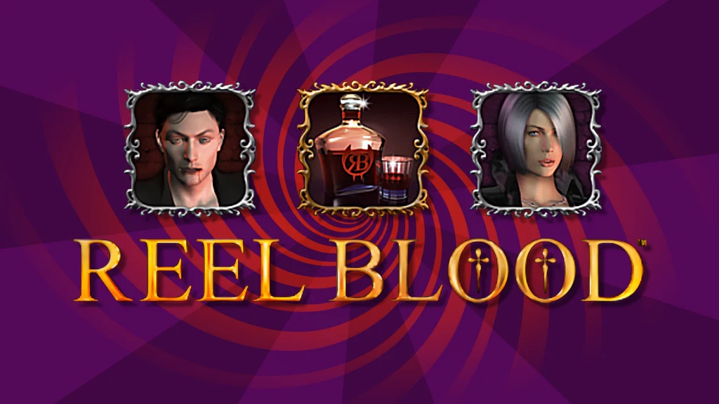 ‘Reel Blood’ is shown in yellow text on a dark purple background, with three images of a vampire, a human, and a bottle and a shot glass of blood. 
