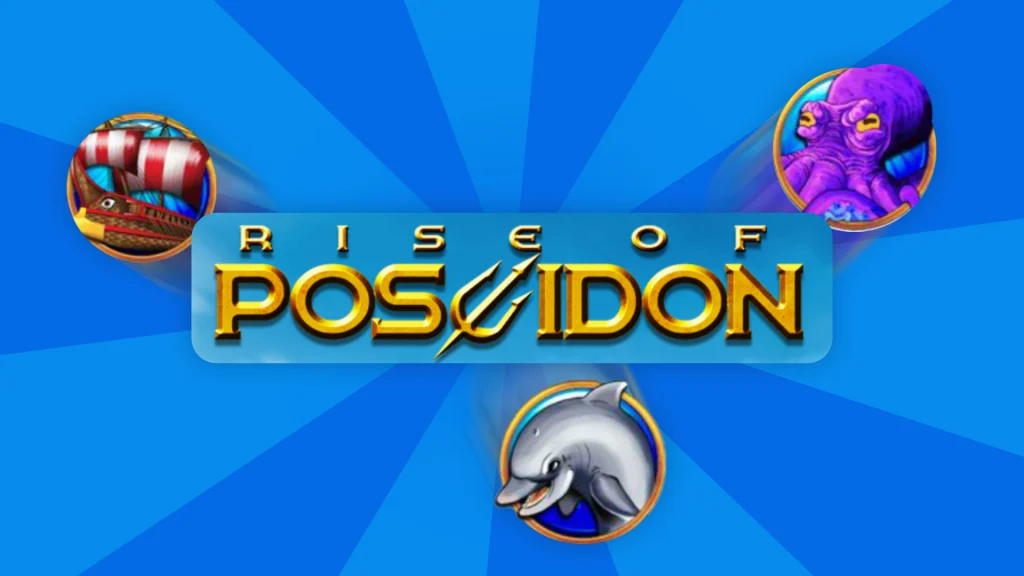 “Rise of Poseidon” is written in the center of a blue background with symbols of the sea surrounding it.