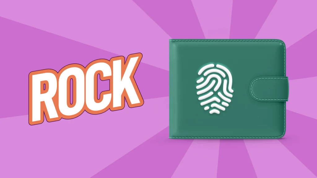 The word “Rock” is displayed to the left of a green wallet showing a fingerprint. 