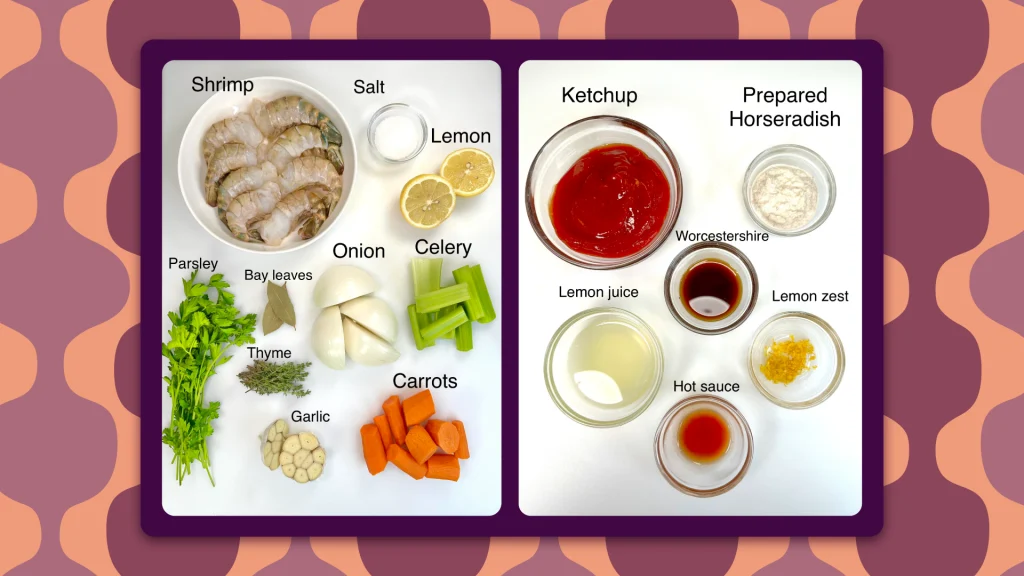 Ingredients for the Shrimp Cocktail recipe sit in small glass bowls or directly on a white counter, all labelled, including: shrimp, ketchup and more.